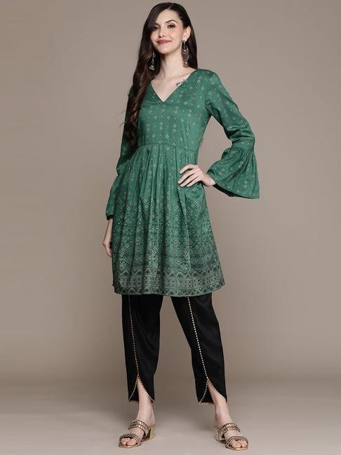 ziyaa green & black printed kurti dhoti pant set