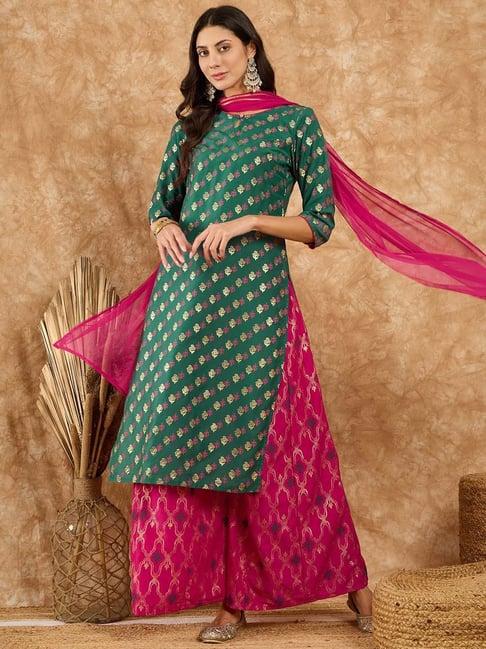 ziyaa green & pink printed kurta with palazzo & dupatta