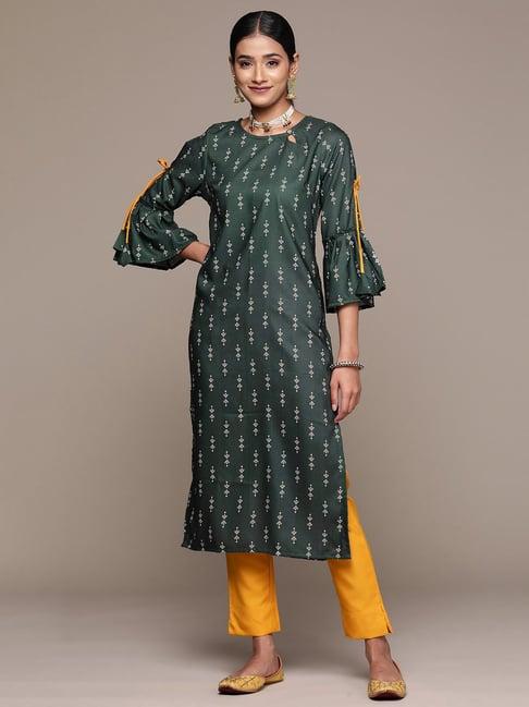 ziyaa green & yellow printed kurta pant set