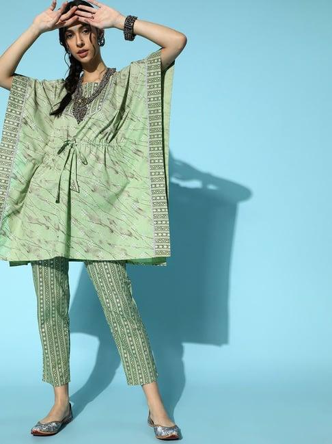 ziyaa green cotton printed kurta pant set