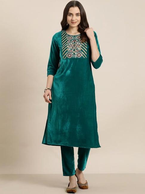 ziyaa green embroidered kurta pant set