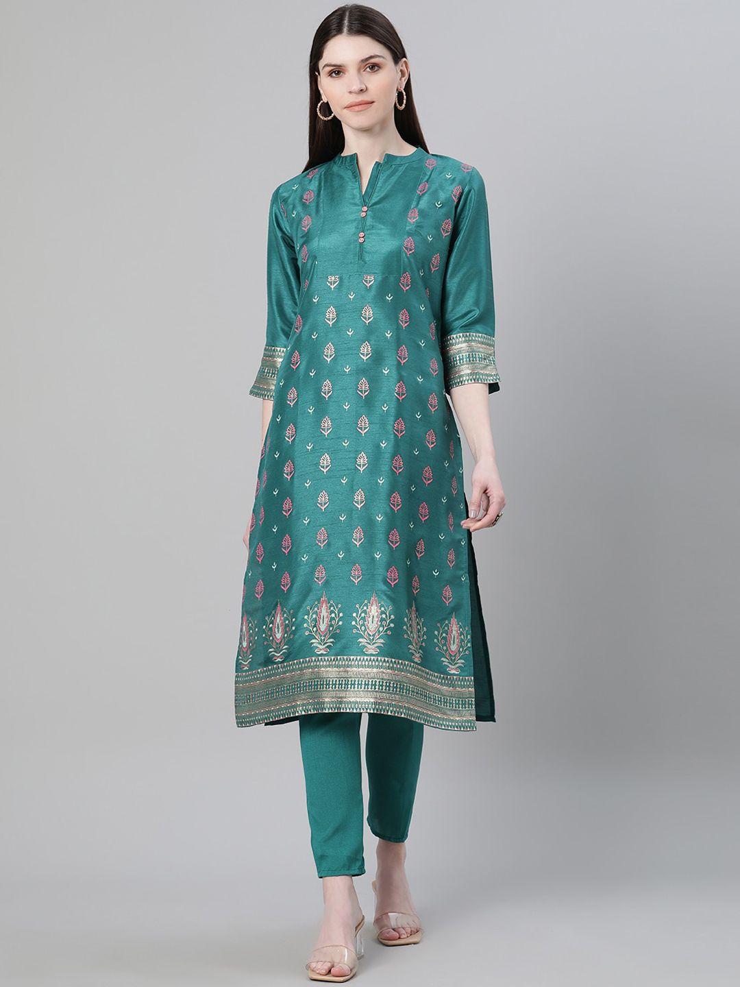 ziyaa green ethnic motifs foil printed kurta