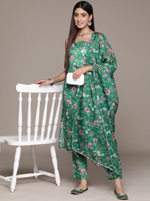 ziyaa green floral print kurta with pant & dupatta