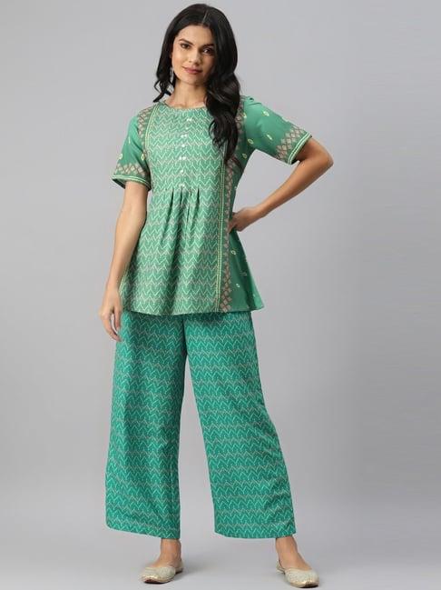 ziyaa green printed kurti palazzo set