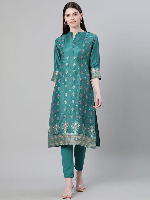 ziyaa green printed straight kurta