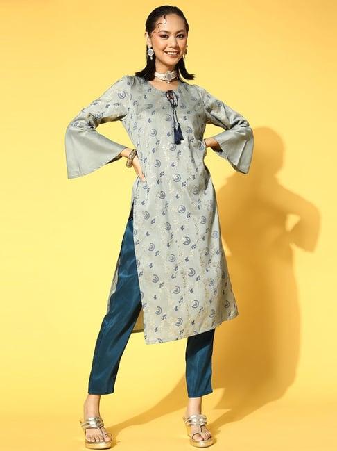 ziyaa grey & blue floral print kurta pant set