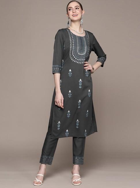 ziyaa grey embellished kurta pant set