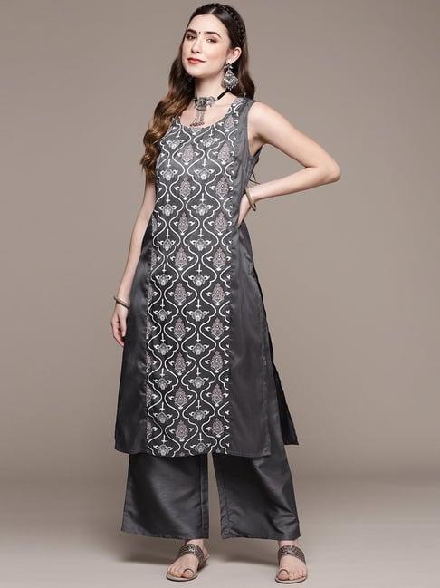 ziyaa grey floral print kurta palazzo set