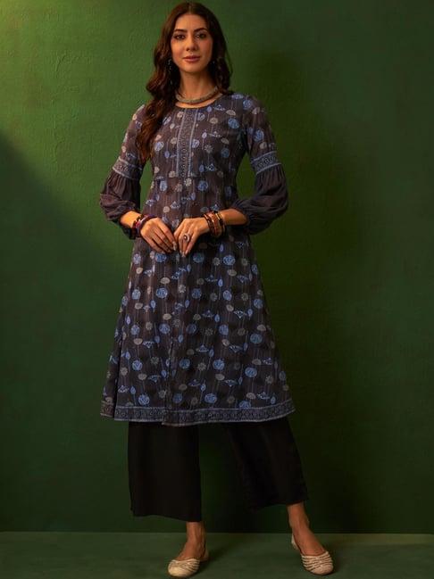 ziyaa grey printed kurta palazzo set