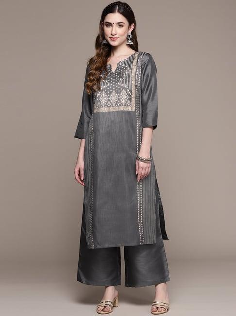 ziyaa grey printed kurta palazzo set