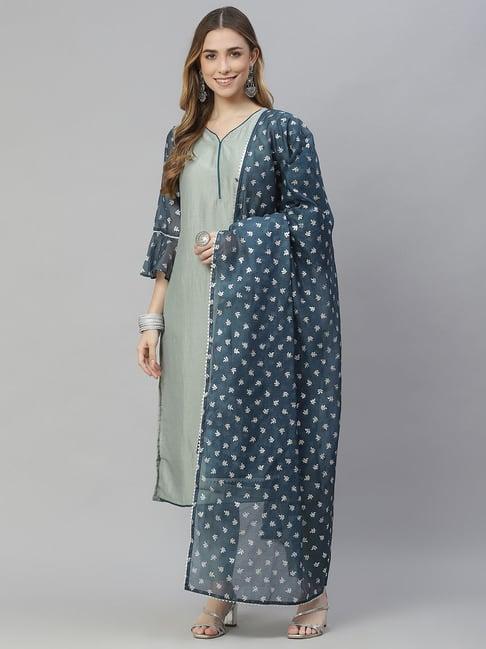 ziyaa grey printed kurta pant set with dupatta