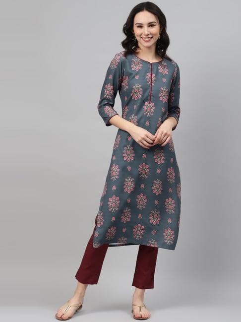 ziyaa grey printed straight kurta