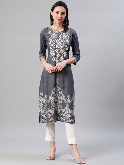 ziyaa grey printed straight kurta