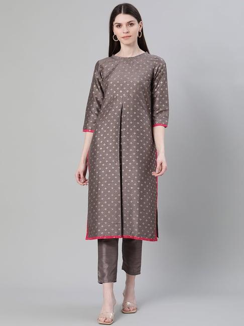 ziyaa grey printed straight kurta