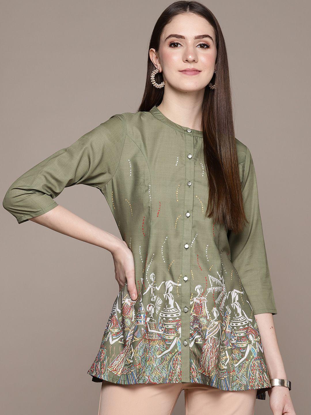 ziyaa mandarin collar crepe printed tunic