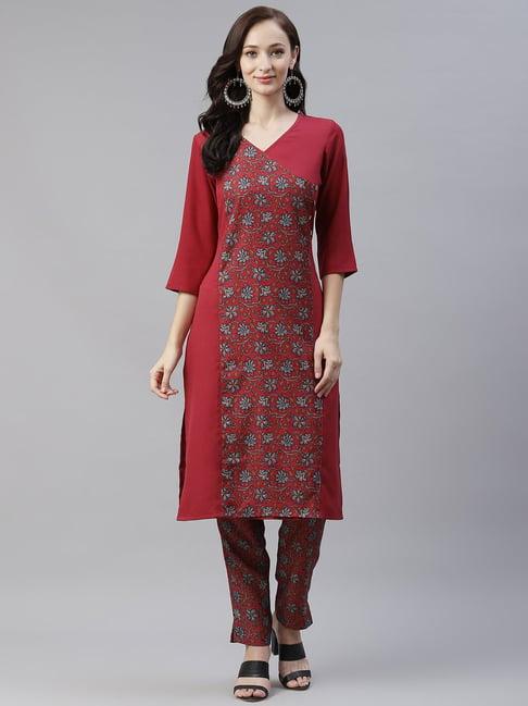 ziyaa maroon & blue floral print kurta pant set