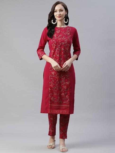 ziyaa maroon & gold floral print kurta pant set