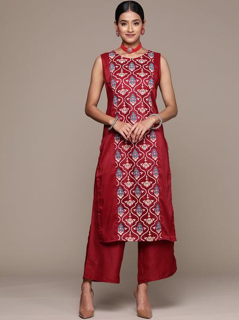 ziyaa maroon floral print kurta & palazzo set