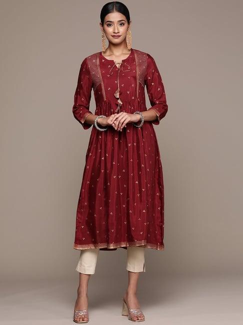 ziyaa maroon printed flared kurta