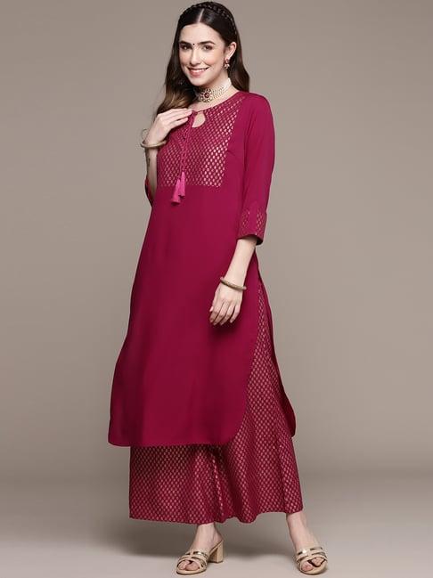 ziyaa maroon printed kurta palazzo set