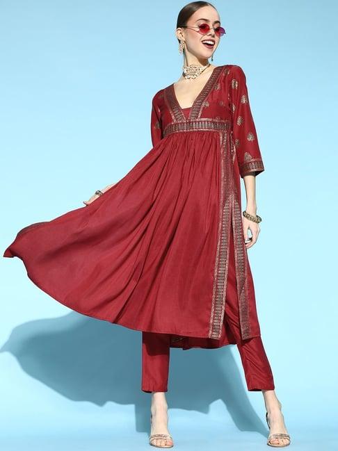 ziyaa maroon printed kurta pant set