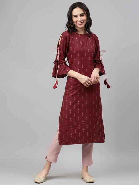 ziyaa maroon printed straight kurta