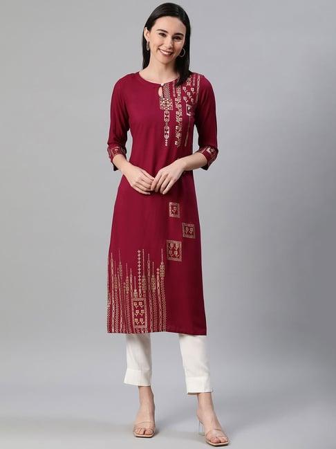 ziyaa maroon printed straight kurta