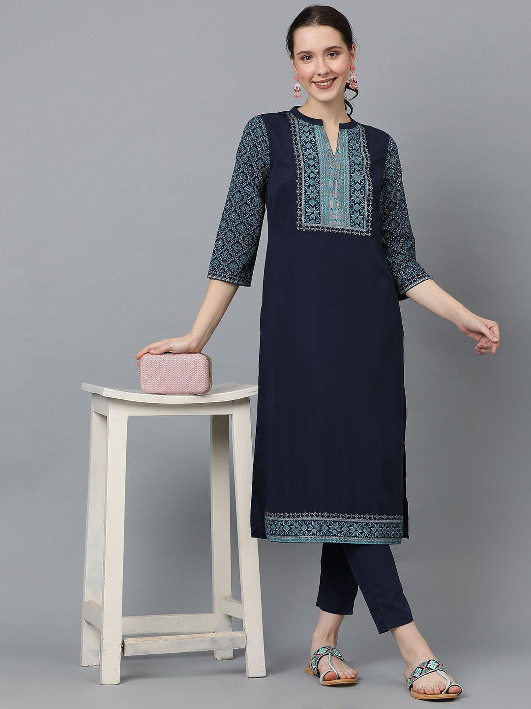 ziyaa navy blue ethnic motifs printed yoke mandarin collar straight kurta & trousers