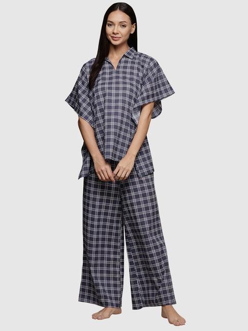 ziyaa navy cotton chequered kaftan pyjama set