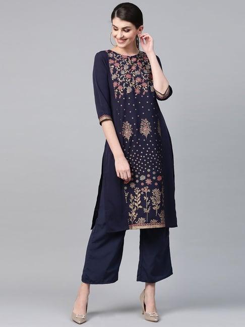 ziyaa navy floral print kurta palazzo set