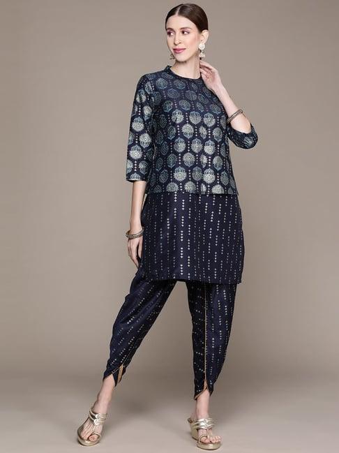 ziyaa navy floral print kurti dhoti pant set with jacket