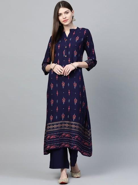 ziyaa navy printed a line kurta