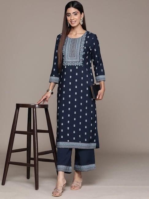 ziyaa navy printed kurta & palazzo set