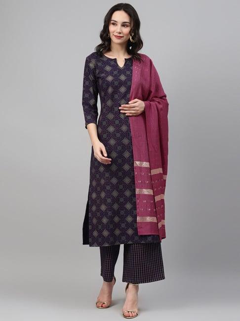 ziyaa navy printed kurta palazzo set with dupatta