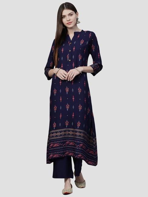 ziyaa navy printed kurta palazzo set