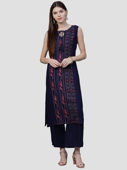 ziyaa navy printed kurta palazzo set