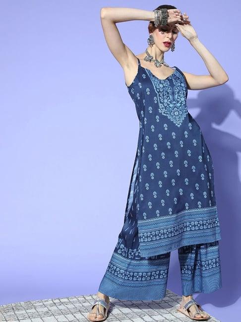 ziyaa navy printed kurta palazzo set