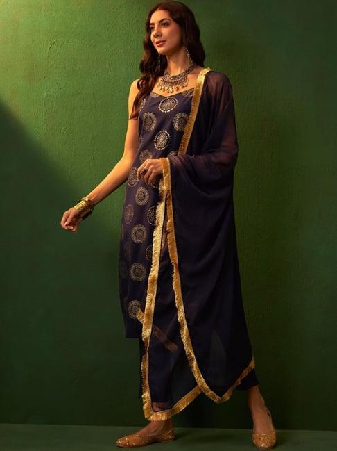 ziyaa navy printed kurta pant set with dupatta