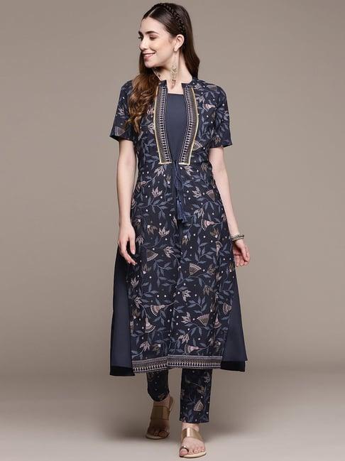 ziyaa navy printed kurta pant set