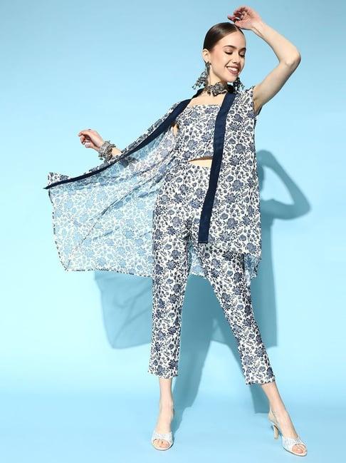 ziyaa off-white & blue floral print top pant set with shrug