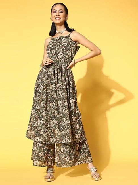 ziyaa olive green floral print kurta sharara set