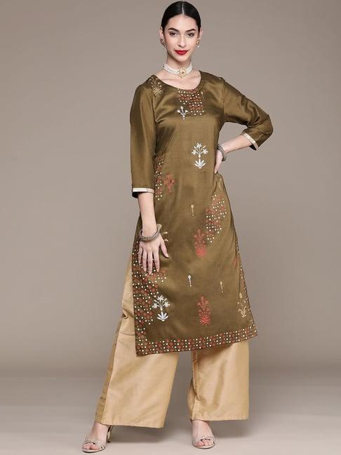 ziyaa olive green floral print straight kurta