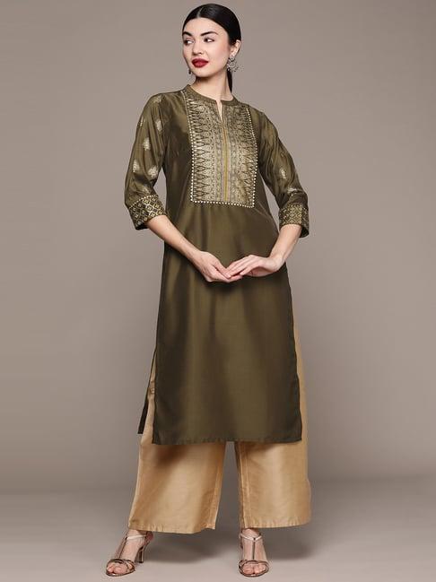 ziyaa olive green floral print straight kurta