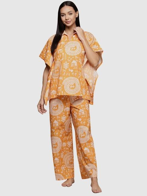ziyaa orange cotton printed kaftan pyjama set