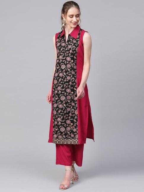 ziyaa pink & black floral print straight kurta