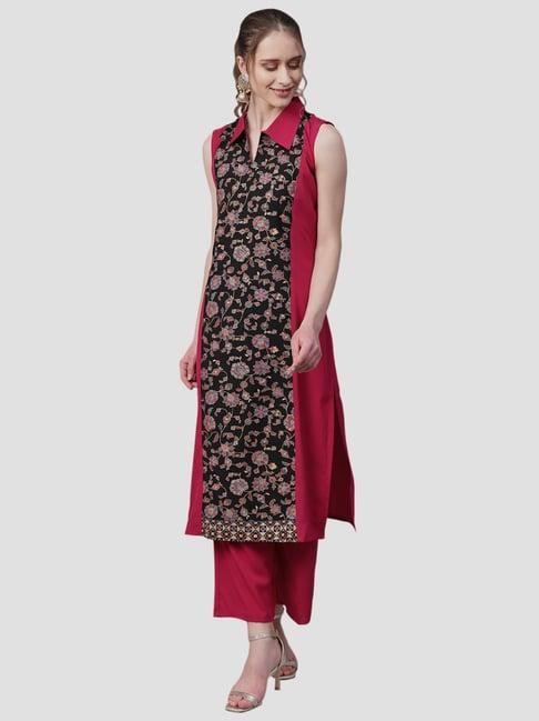 ziyaa pink & black printed kurta palazzo set