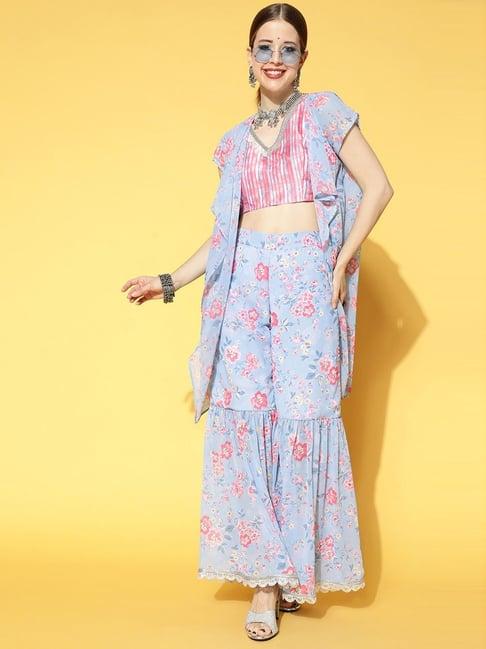 ziyaa pink & blue floral print top sharara set with shrug