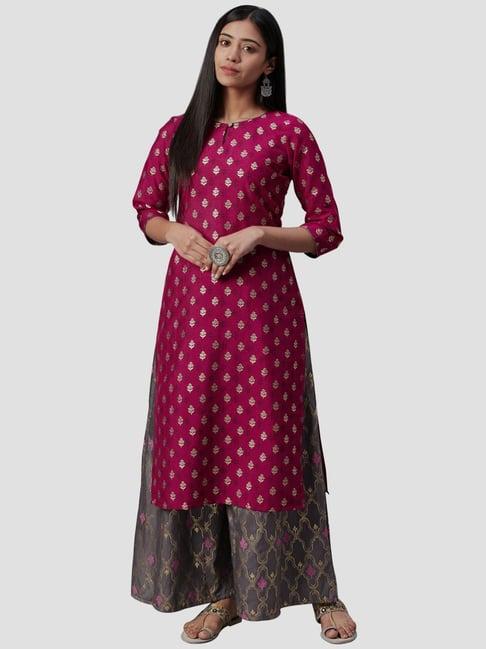 ziyaa pink & grey printed kurta palazzo set