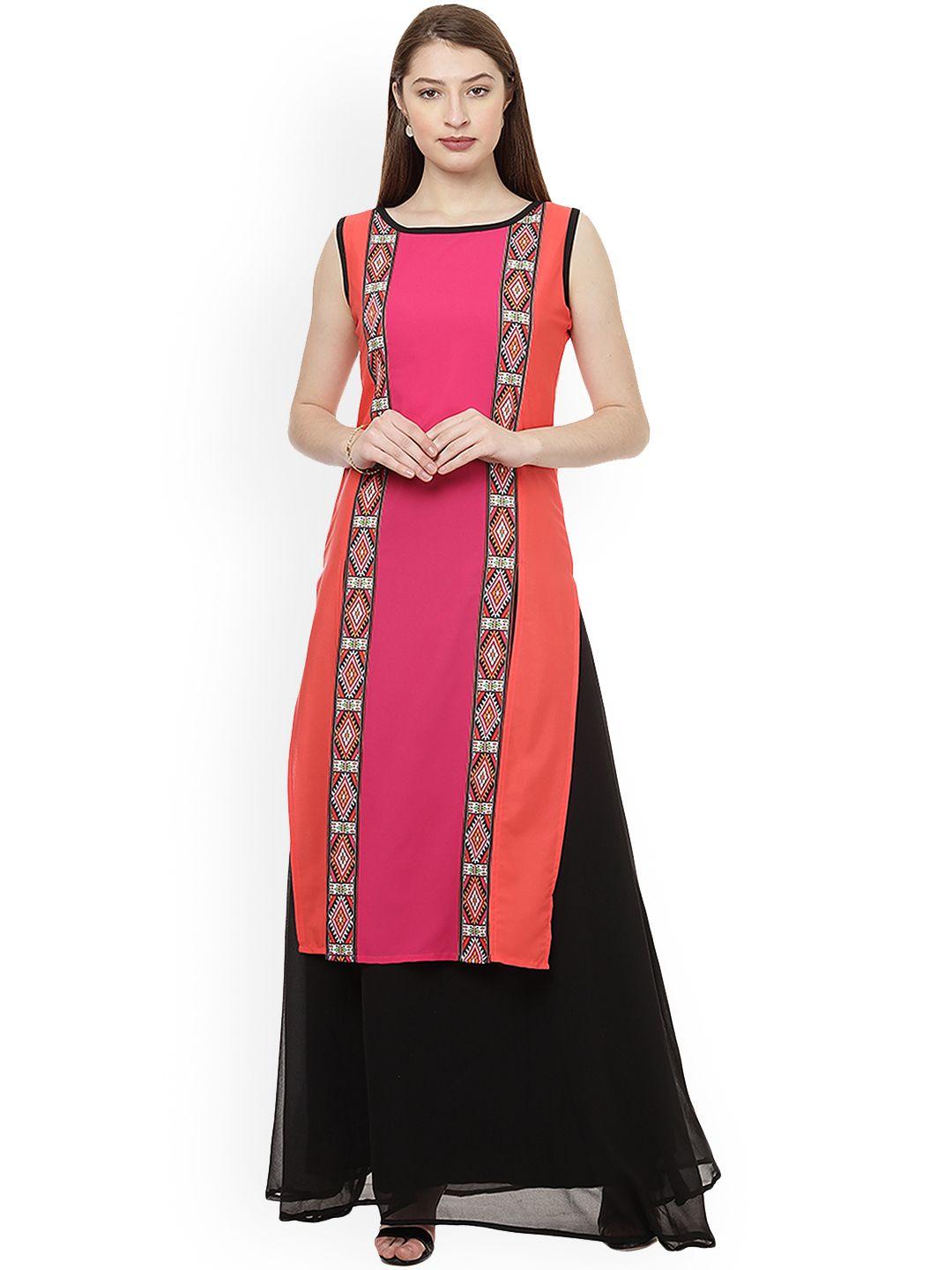 ziyaa pink & peach-coloured ethnic motifs printed straight kurta