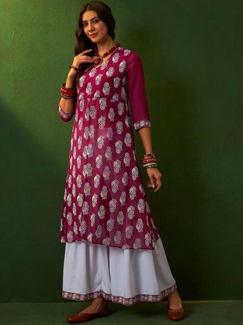 ziyaa pink & white printed kurta sharara set